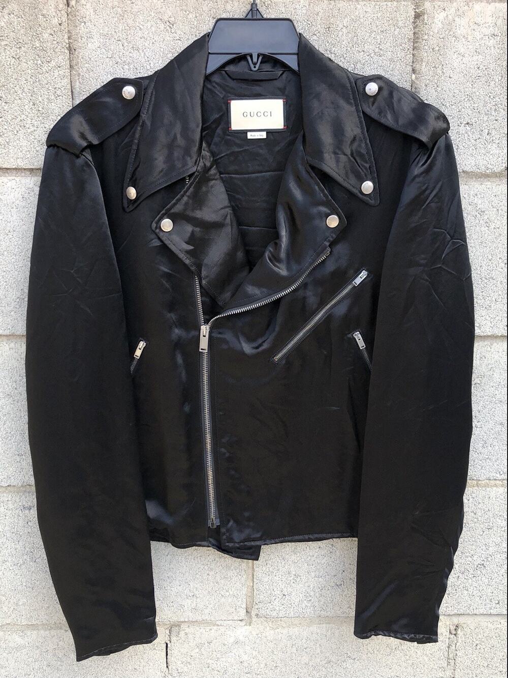 GUCCI Guccy Farmacia Embroidery Satin Biker Jacket Black Sz 44